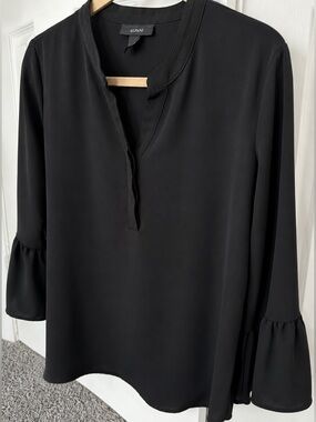 Alfani Black Flounce Sleeve Blouse Size 12 Split Neck Career Office Top
